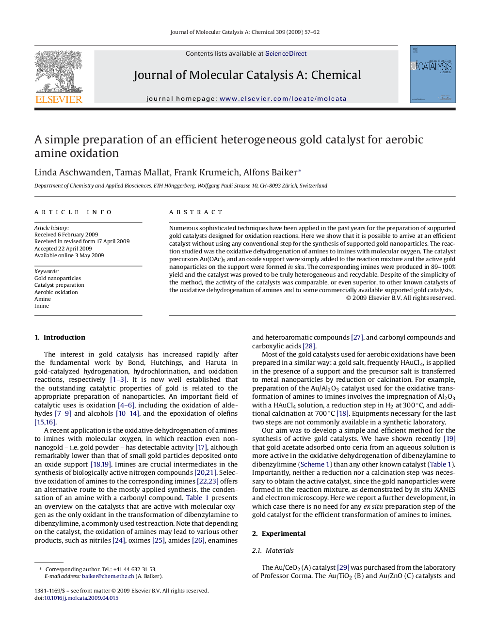 A simple preparation of an efficient heterogeneous gold catalyst for aerobic amine oxidation