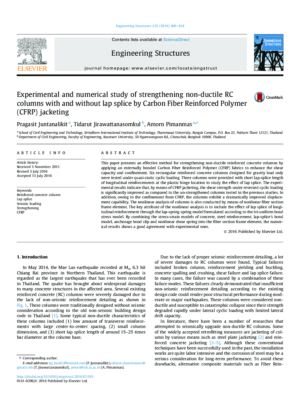Experimental and numerical study of strengthening non-ductile RC columns with and without lap splice by Carbon Fiber Reinforced Polymer (CFRP) jacketing