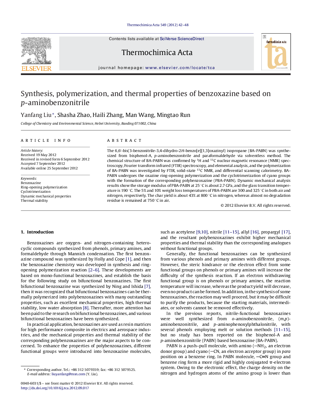 Synthesis, polymerization, and thermal properties of benzoxazine based on p-aminobenzonitrile