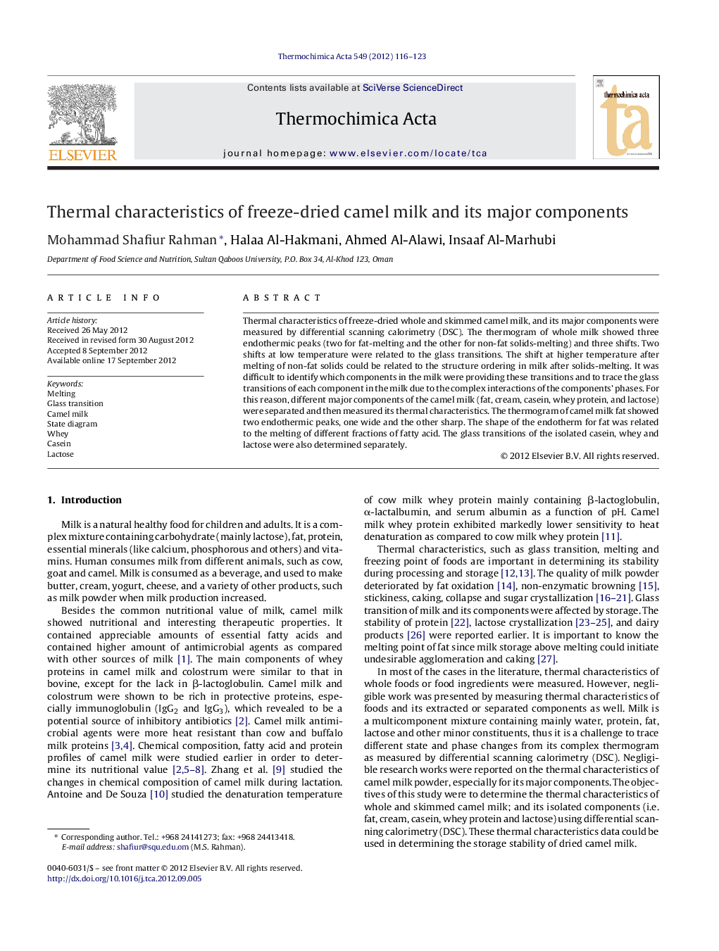 Thermal characteristics of freeze-dried camel milk and its major components