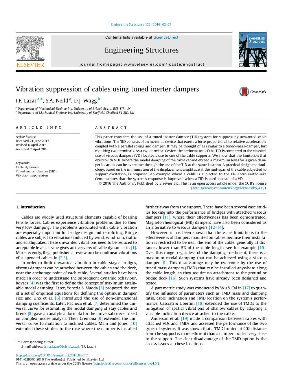 Vibration suppression of cables using tuned inerter dampers