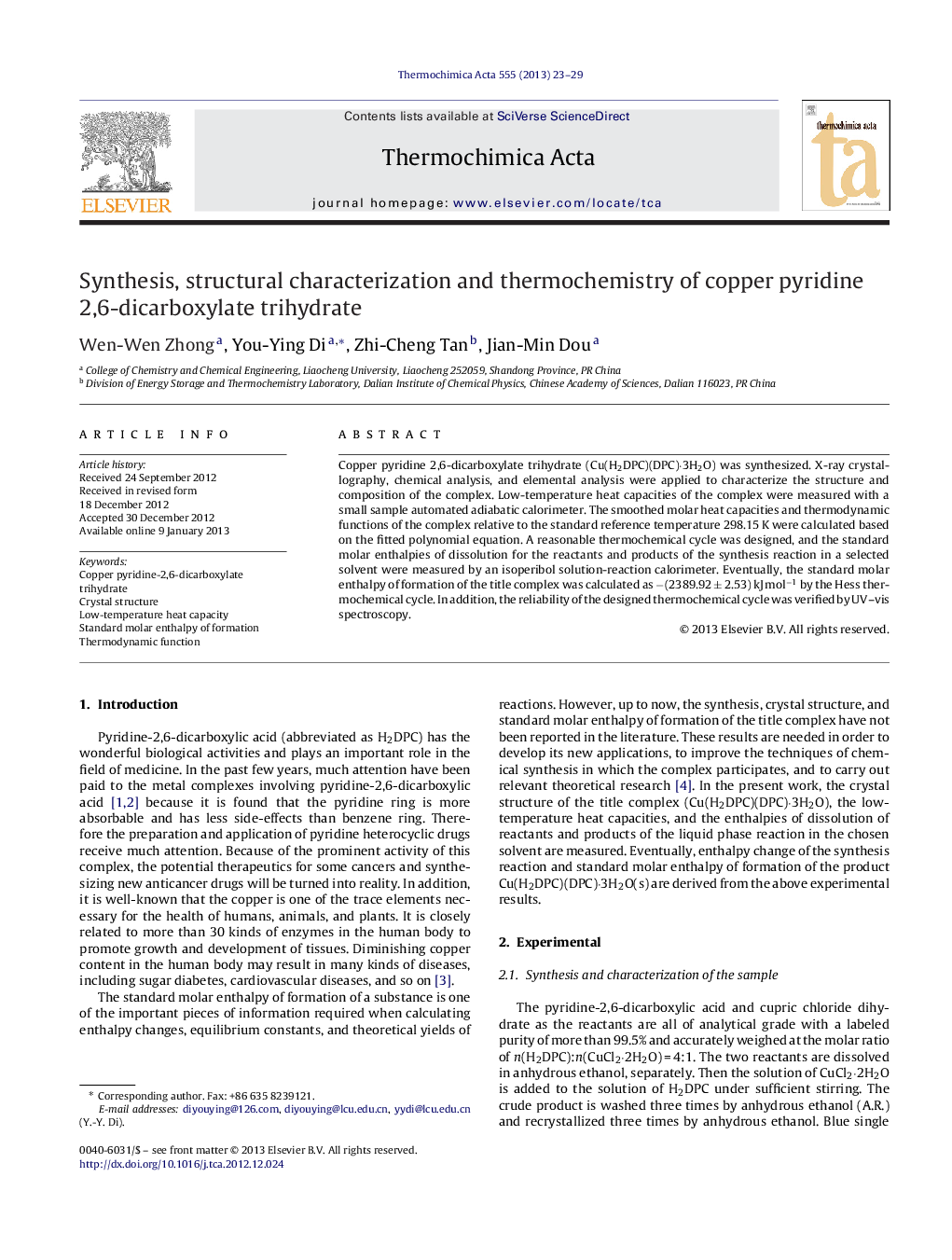 Synthesis, structural characterization and thermochemistry of copper pyridine 2,6-dicarboxylate trihydrate