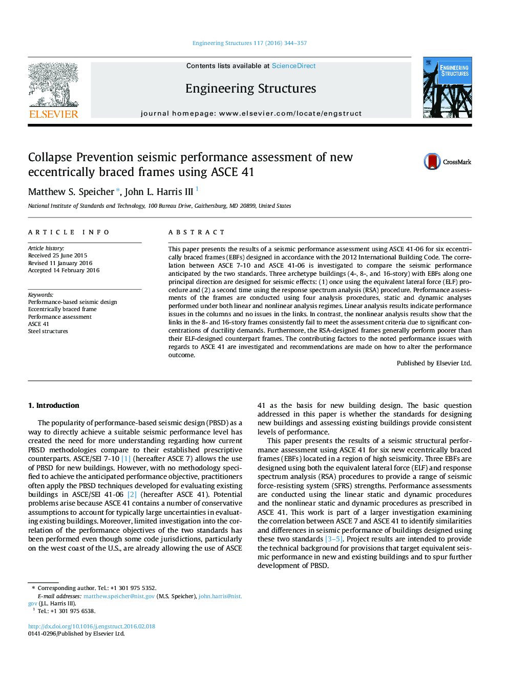 Collapse Prevention seismic performance assessment of new eccentrically braced frames using ASCE 41