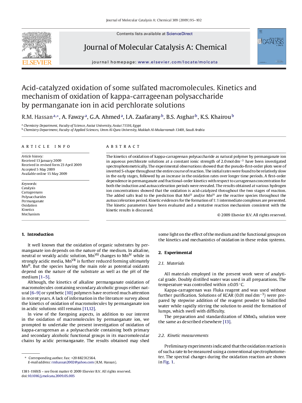 Acid-catalyzed oxidation of some sulfated macromolecules. Kinetics and mechanism of oxidation of kappa-carrageenan polysaccharide by permanganate ion in acid perchlorate solutions