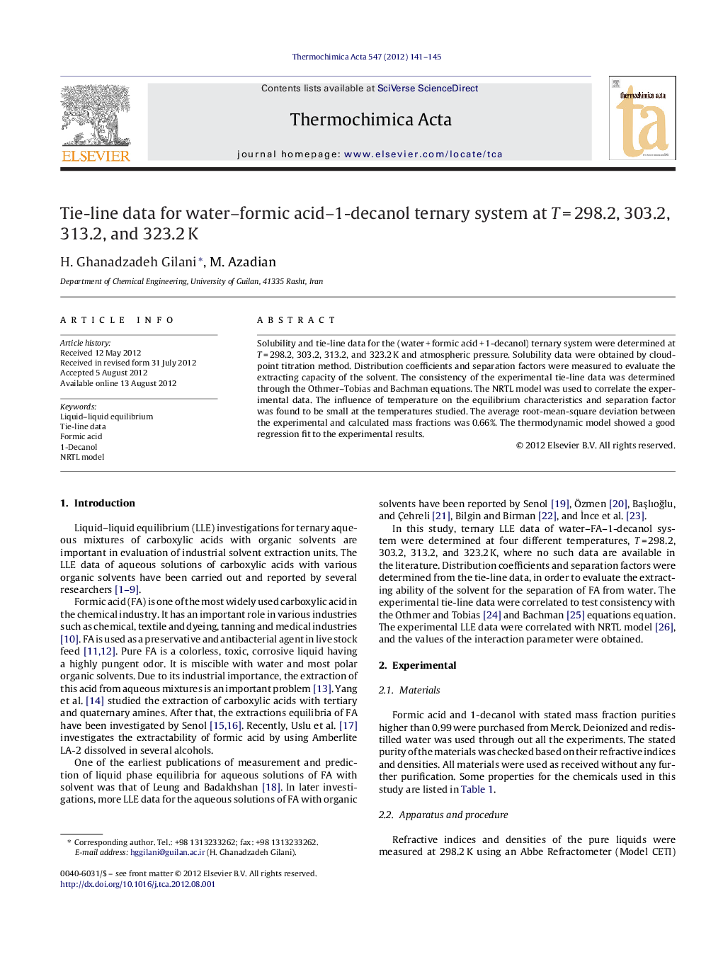 Tie-line data for water–formic acid–1-decanol ternary system at T = 298.2, 303.2, 313.2, and 323.2 K