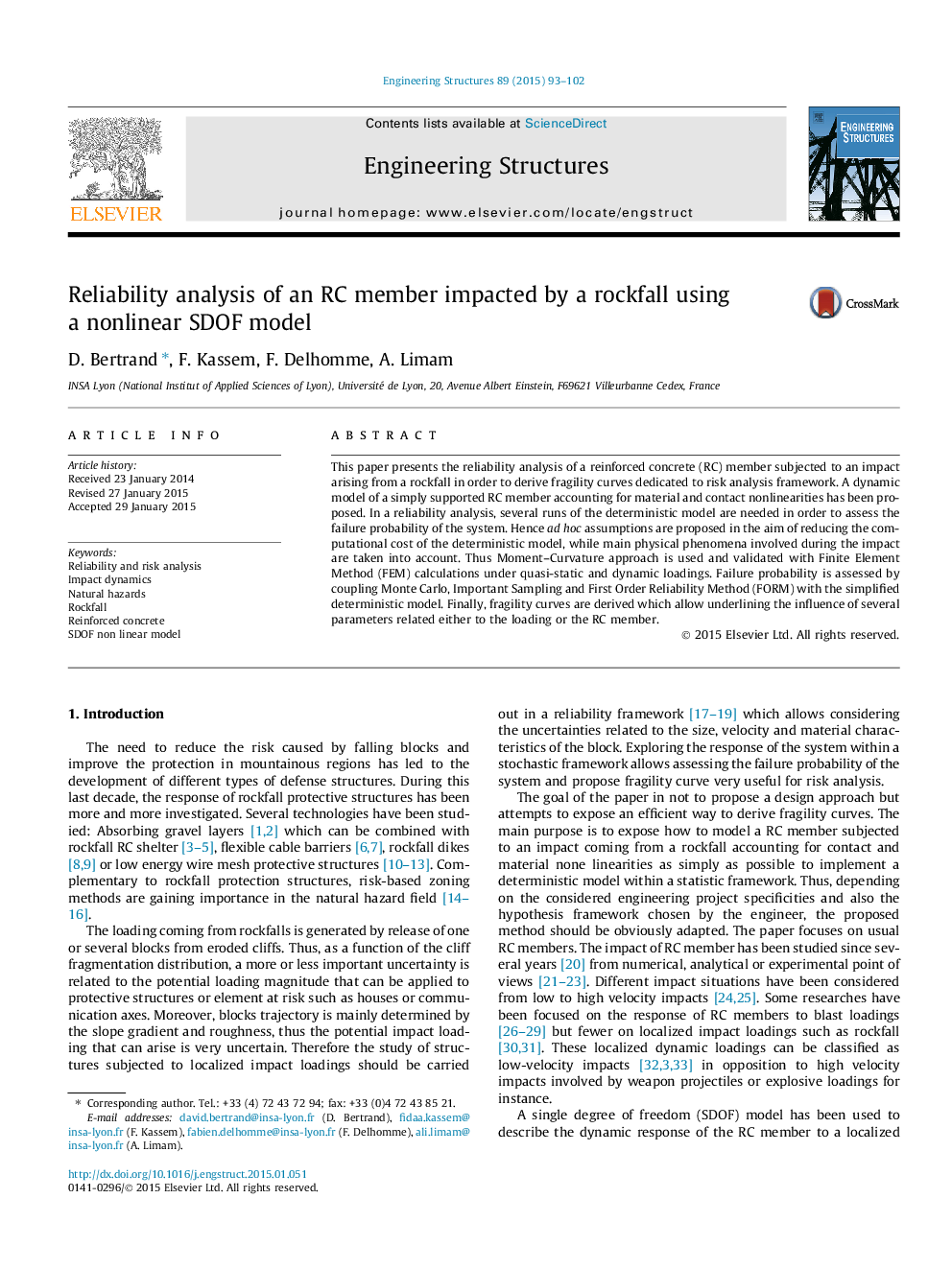 Reliability analysis of an RC member impacted by a rockfall using a nonlinear SDOF model