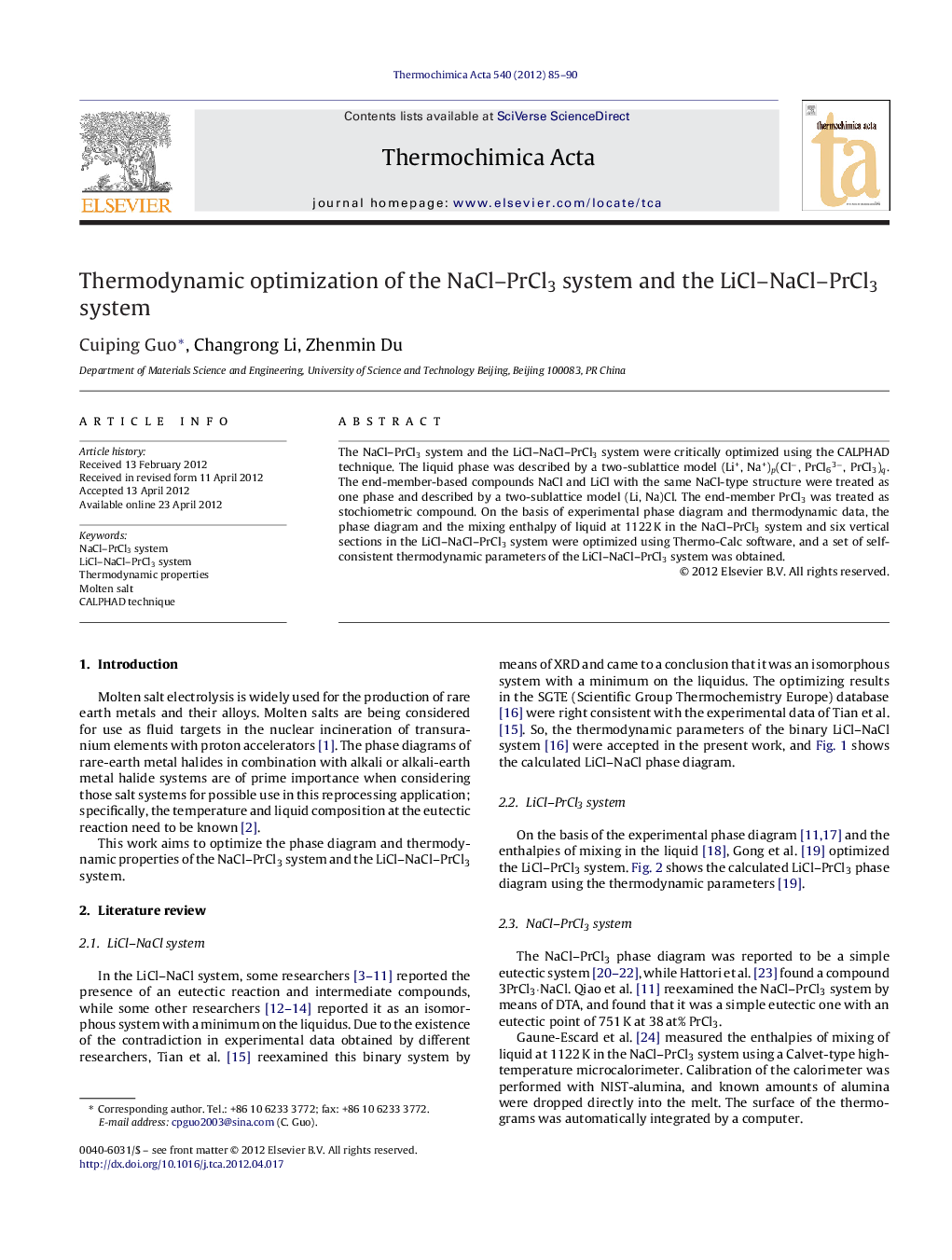 Thermodynamic optimization of the NaCl–PrCl3 system and the LiCl–NaCl–PrCl3 system