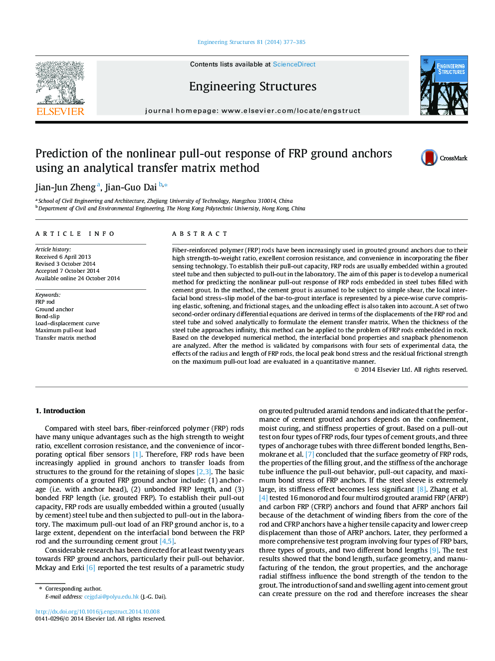 Prediction of the nonlinear pull-out response of FRP ground anchors using an analytical transfer matrix method