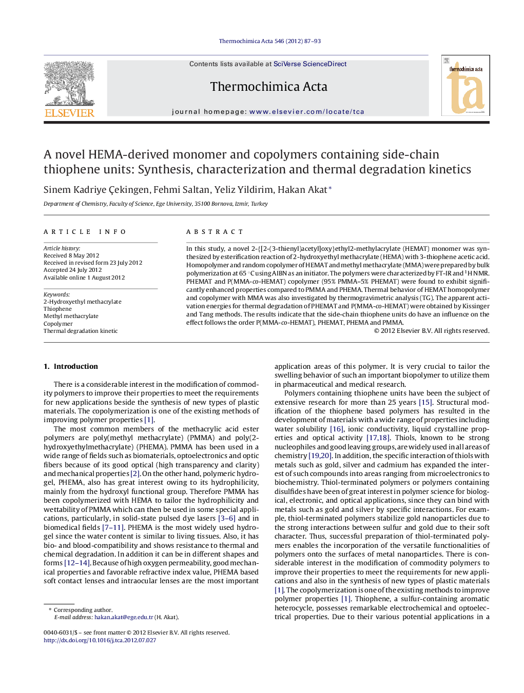 A novel HEMA-derived monomer and copolymers containing side-chain thiophene units: Synthesis, characterization and thermal degradation kinetics