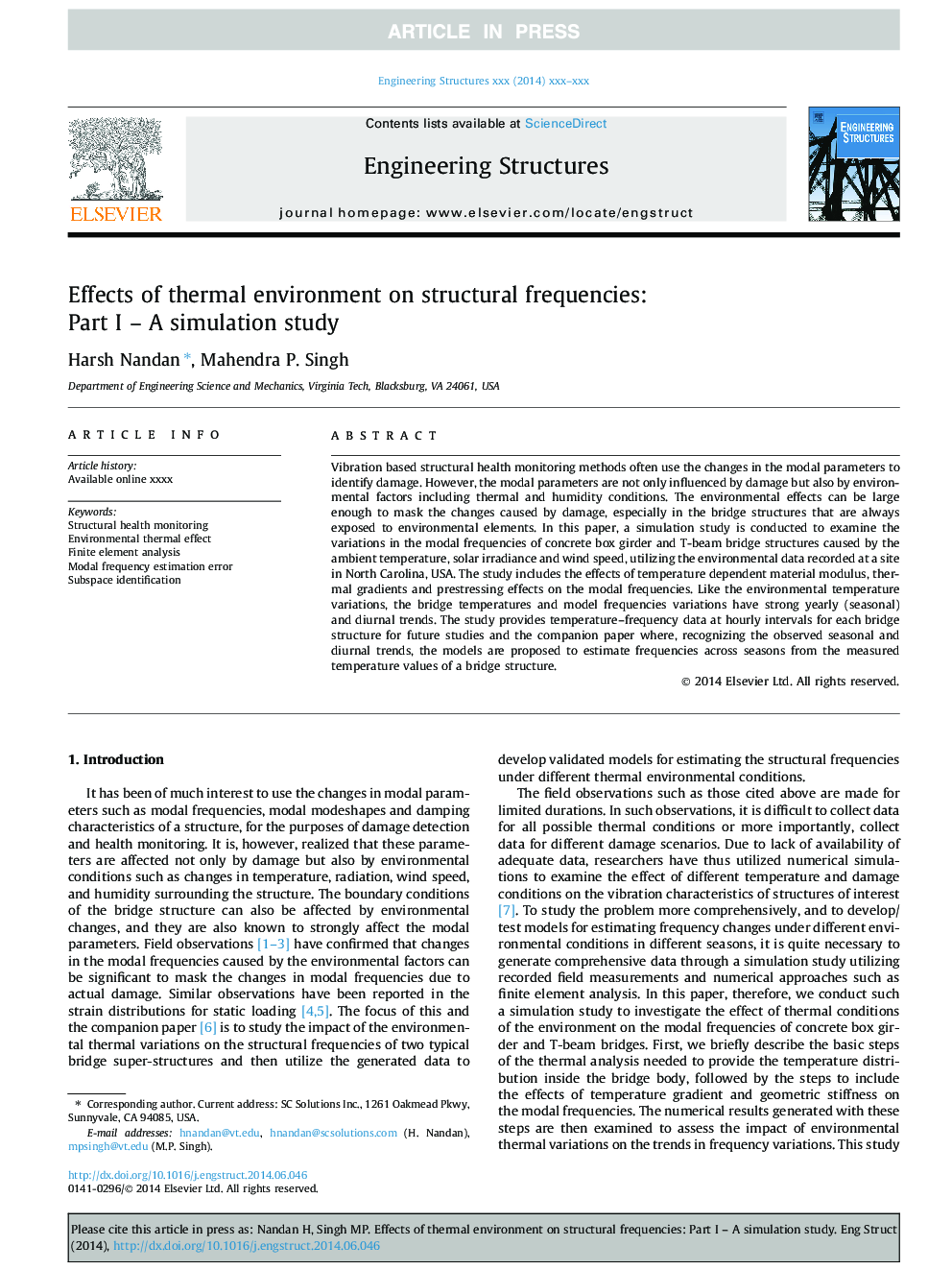 Effects of thermal environment on structural frequencies: Part I - A simulation study