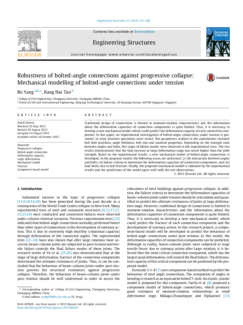 Robustness of bolted-angle connections against progressive collapse: Mechanical modelling of bolted-angle connections under tension