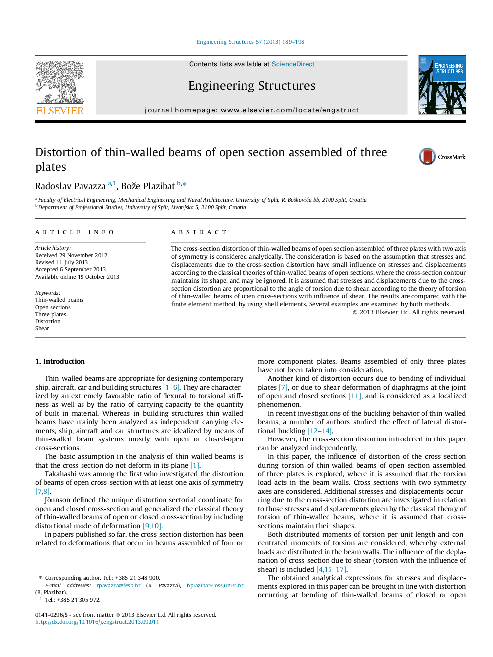 Distortion of thin-walled beams of open section assembled of three plates