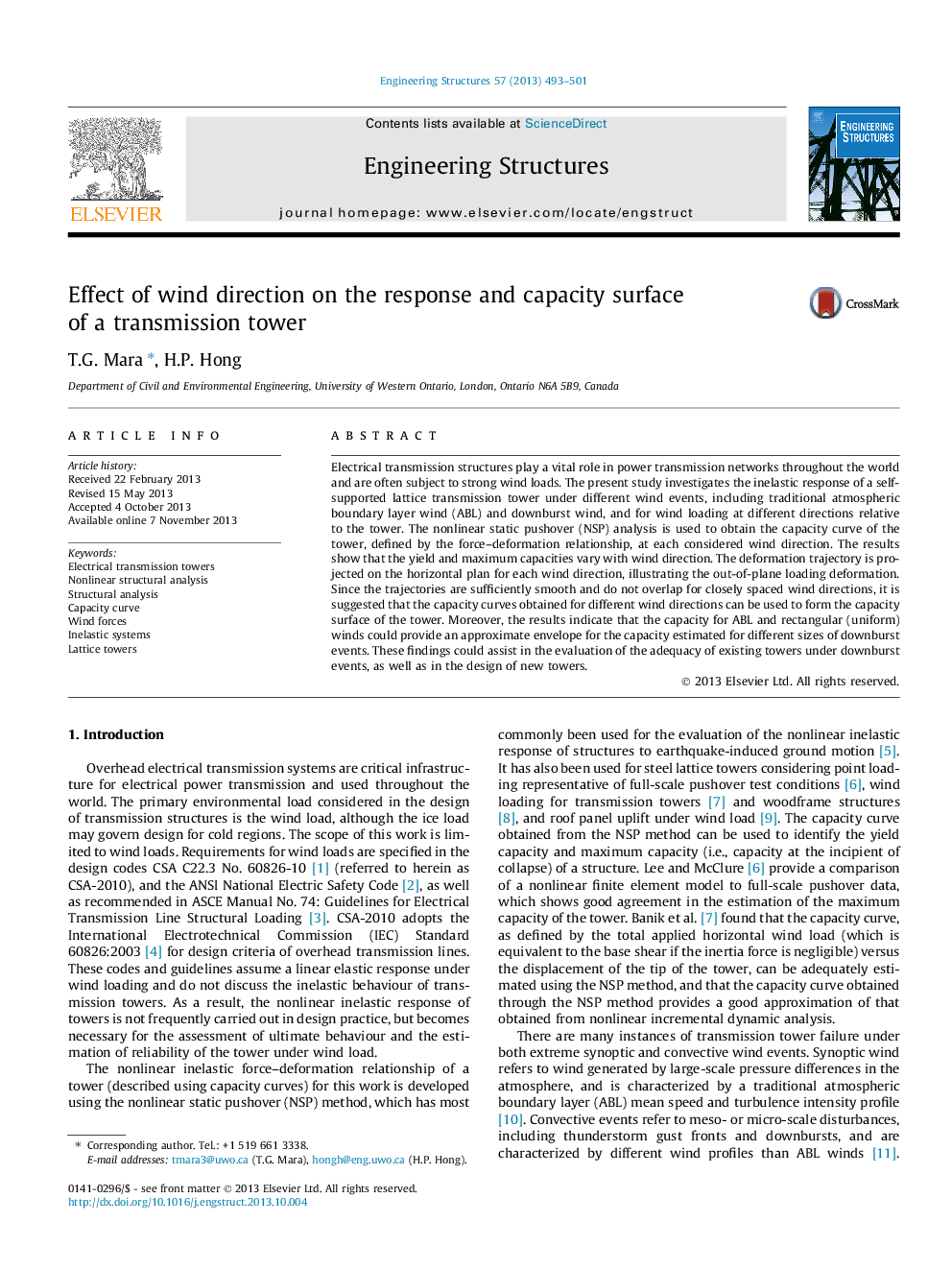 Effect of wind direction on the response and capacity surface of a transmission tower