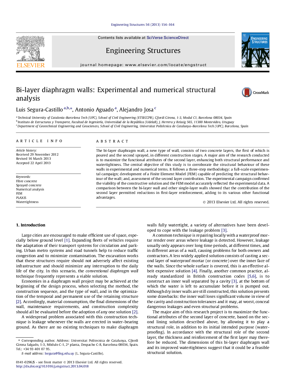 Bi-layer diaphragm walls: Experimental and numerical structural analysis