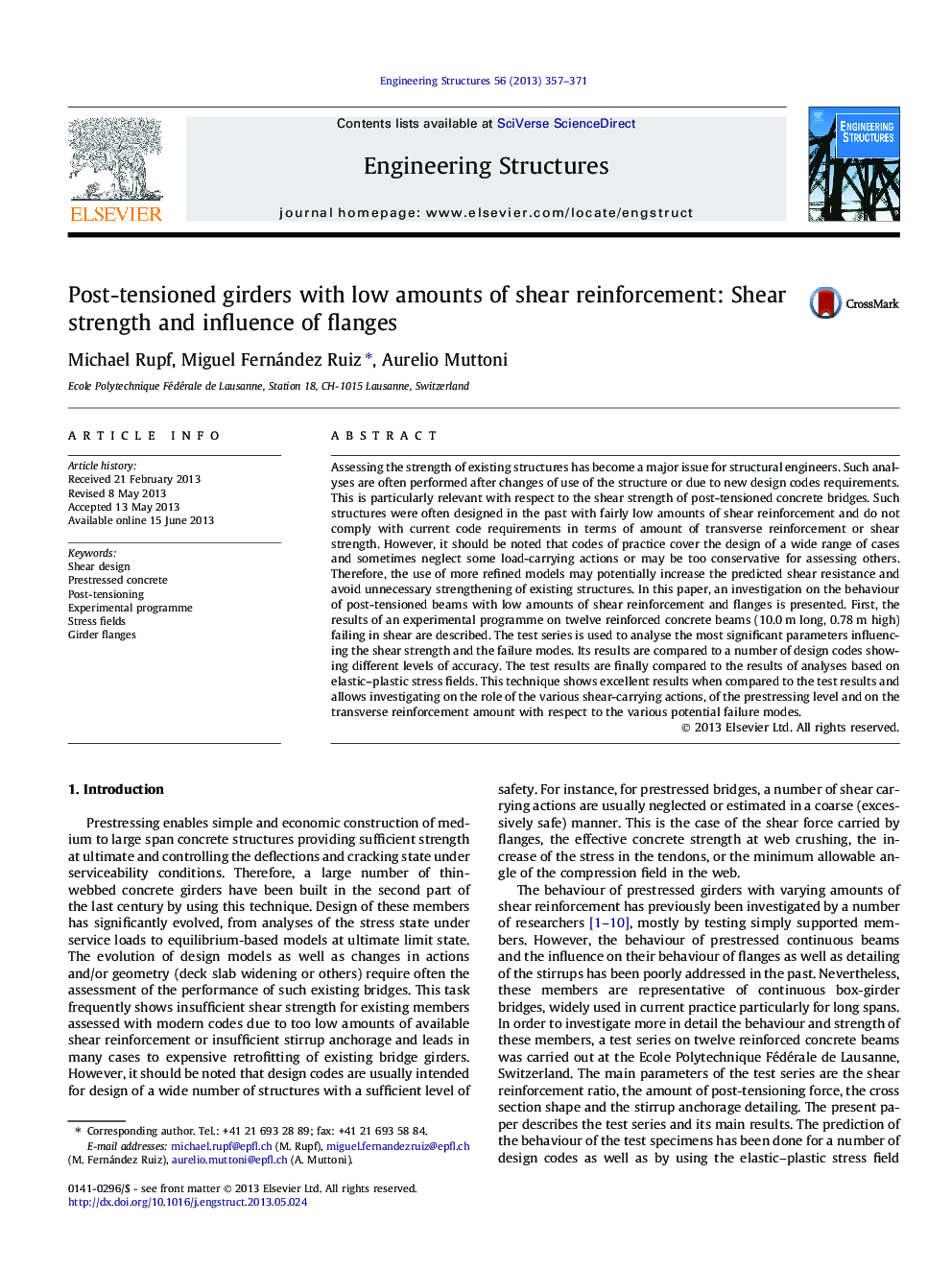 Post-tensioned girders with low amounts of shear reinforcement: Shear strength and influence of flanges