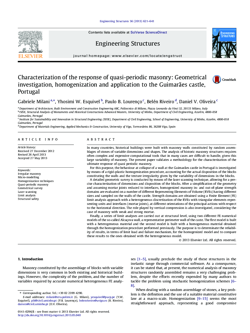 Characterization of the response of quasi-periodic masonry: Geometrical investigation, homogenization and application to the GuimarÃ£es castle, Portugal