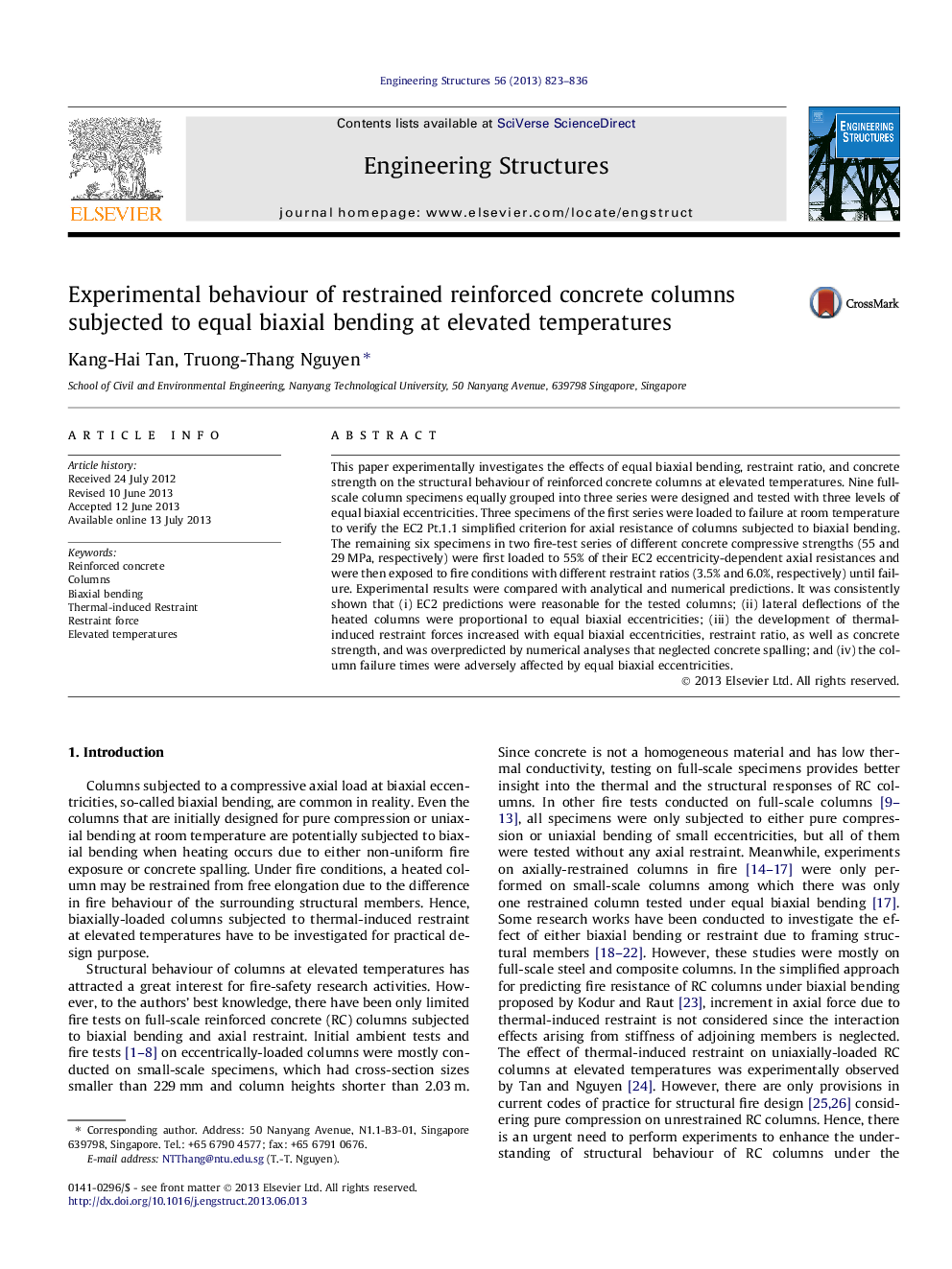 Experimental behaviour of restrained reinforced concrete columns subjected to equal biaxial bending at elevated temperatures