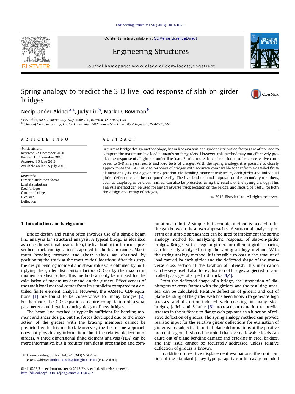 Spring analogy to predict the 3-D live load response of slab-on-girder bridges