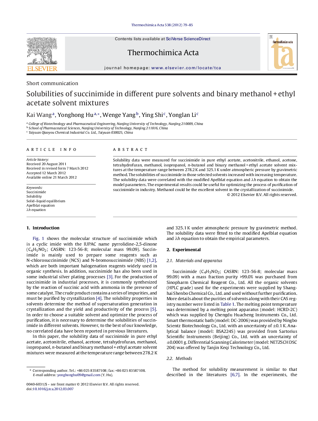 Solubilities of succinimide in different pure solvents and binary methanol + ethyl acetate solvent mixtures