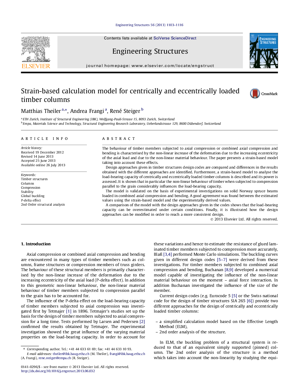 Strain-based calculation model for centrically and eccentrically loaded timber columns