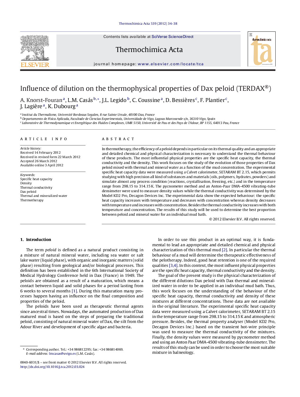 Influence of dilution on the thermophysical properties of Dax peloid (TERDAX®)