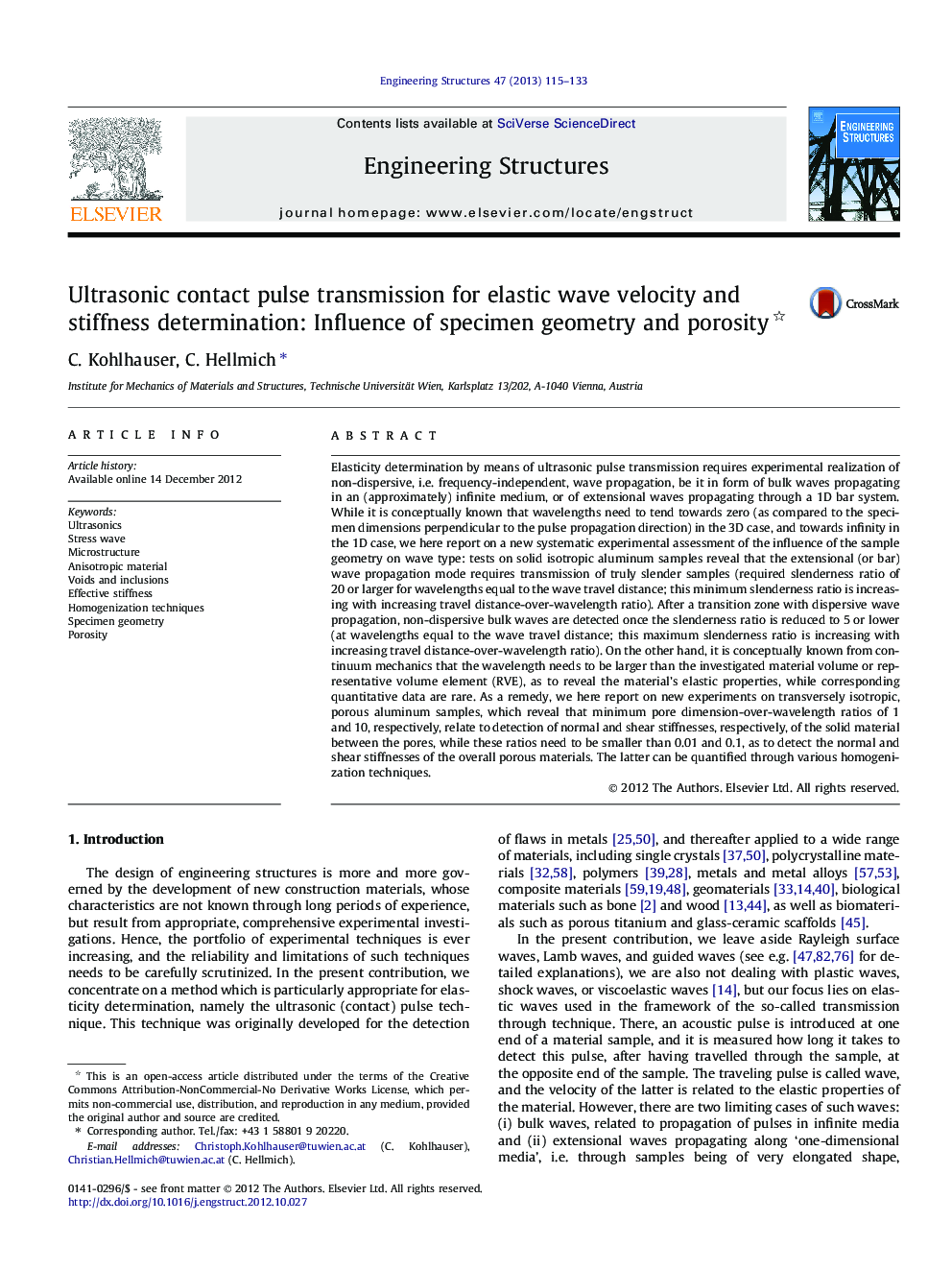 Ultrasonic contact pulse transmission for elastic wave velocity and stiffness determination: Influence of specimen geometry and porosity