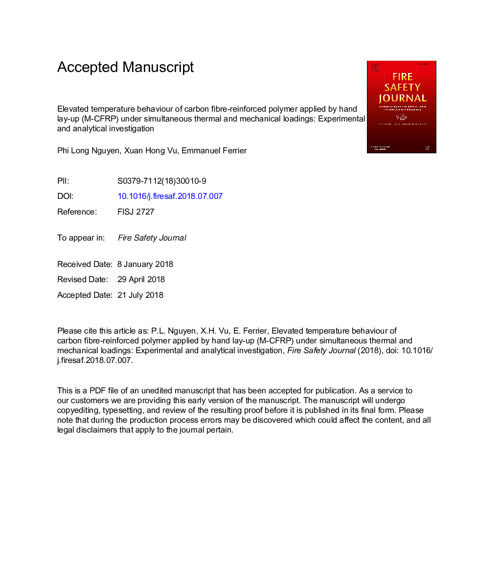 Elevated temperature behaviour of carbon fibre-reinforced polymer applied by hand lay-up (M-CFRP) under simultaneous thermal and mechanical loadings: Experimental and analytical investigation