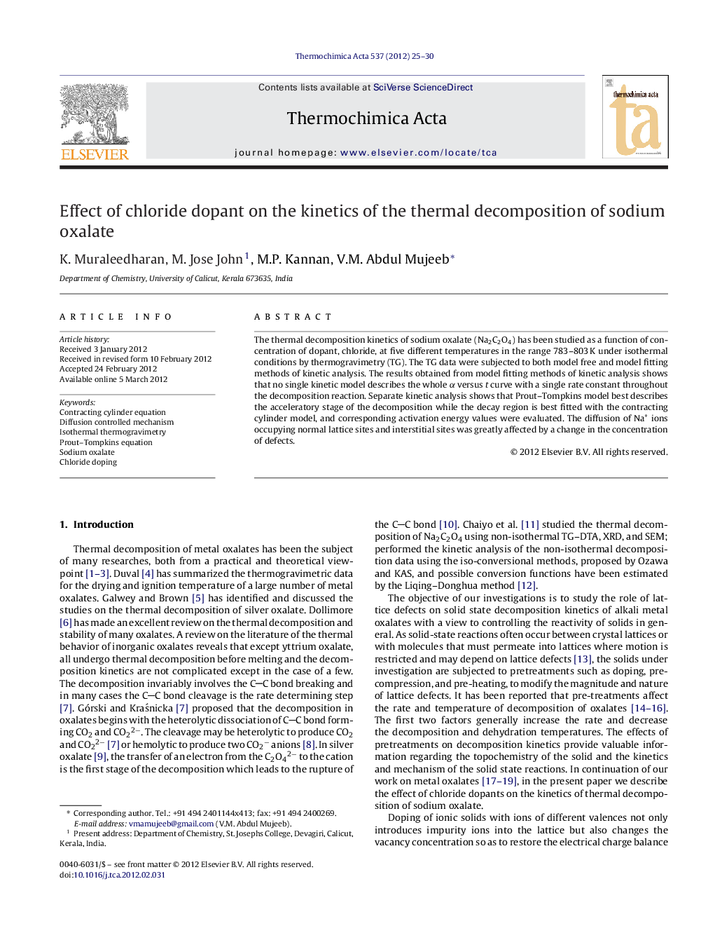 Effect of chloride dopant on the kinetics of the thermal decomposition of sodium oxalate