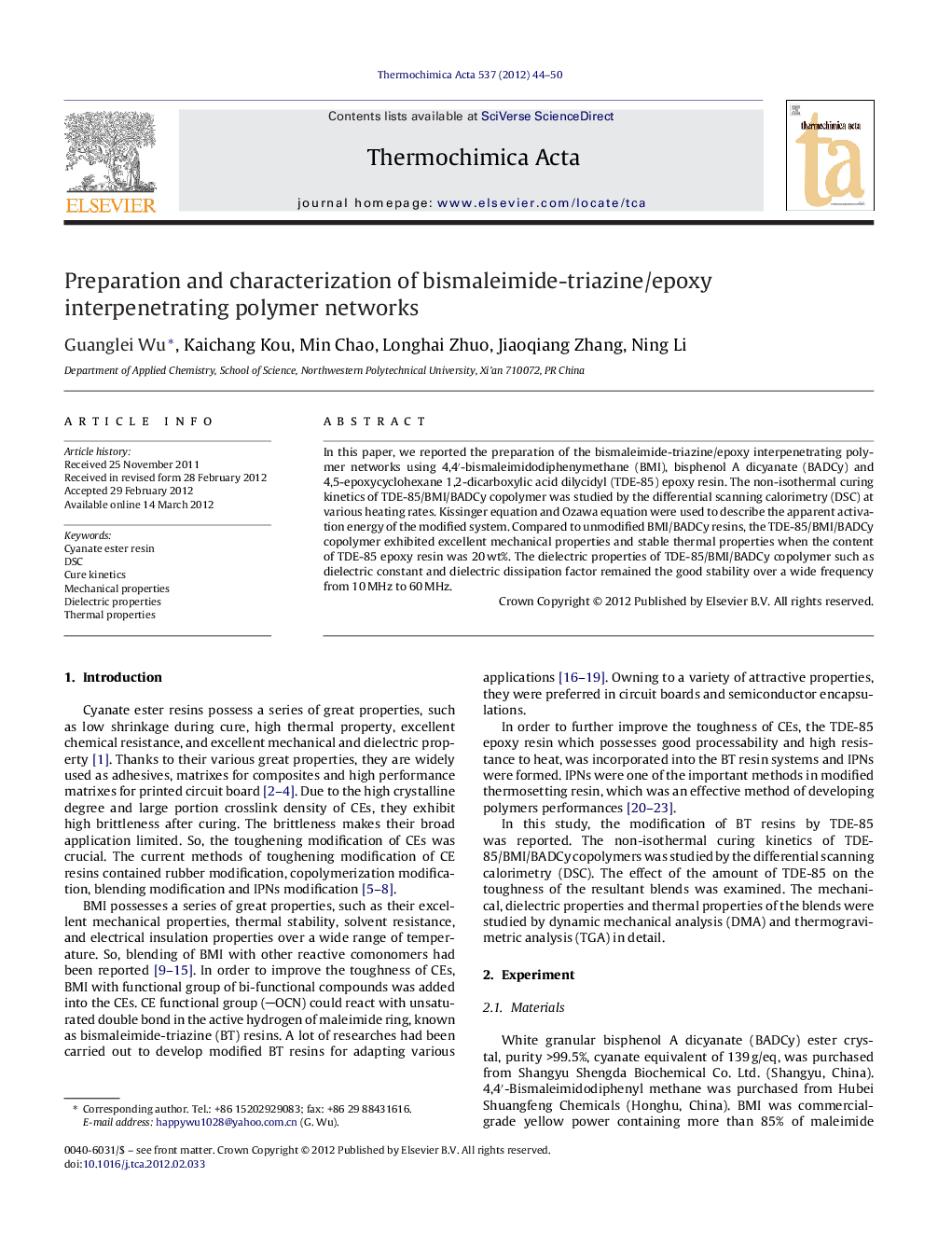 Preparation and characterization of bismaleimide-triazine/epoxy interpenetrating polymer networks