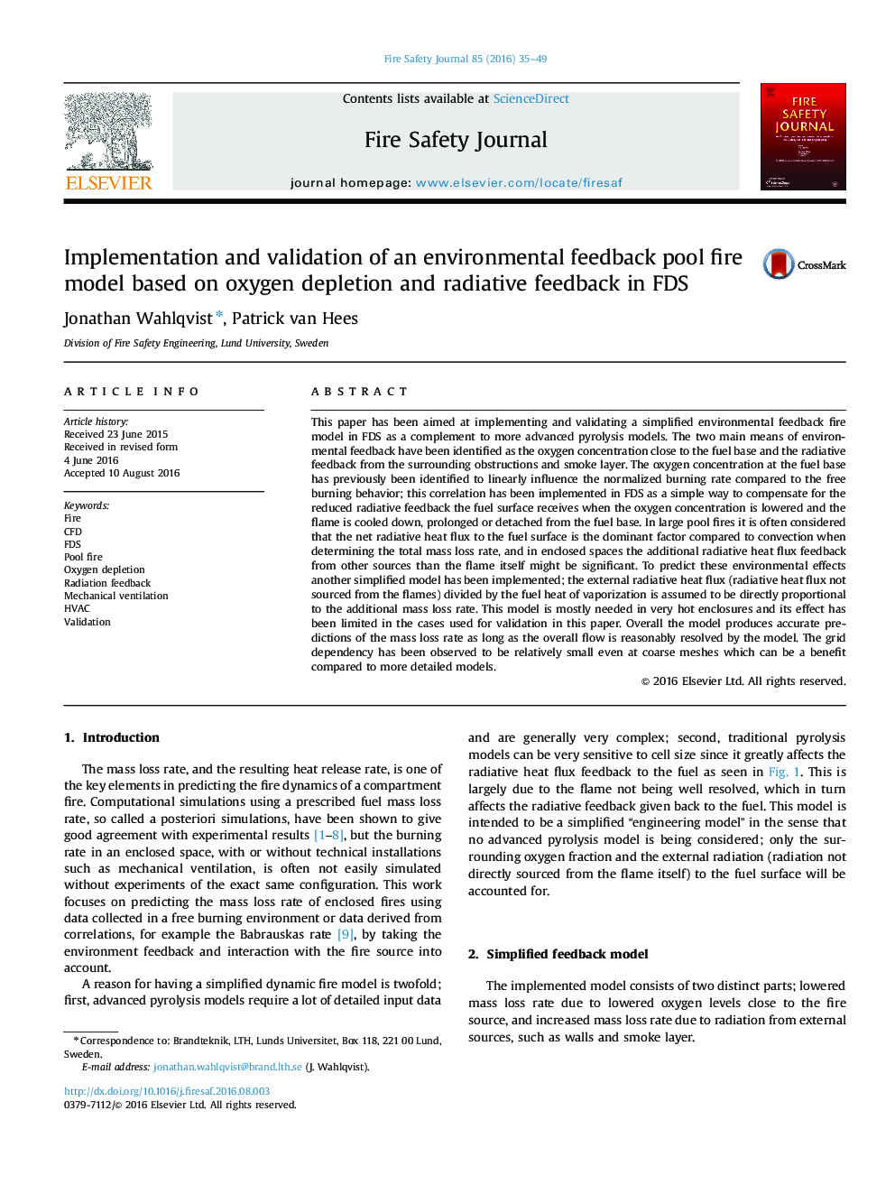 Implementation and validation of an environmental feedback pool fire model based on oxygen depletion and radiative feedback in FDS