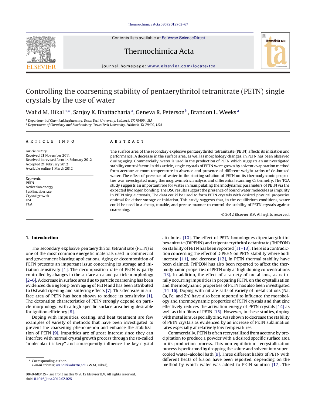 Controlling the coarsening stability of pentaerythritol tetranitrate (PETN) single crystals by the use of water