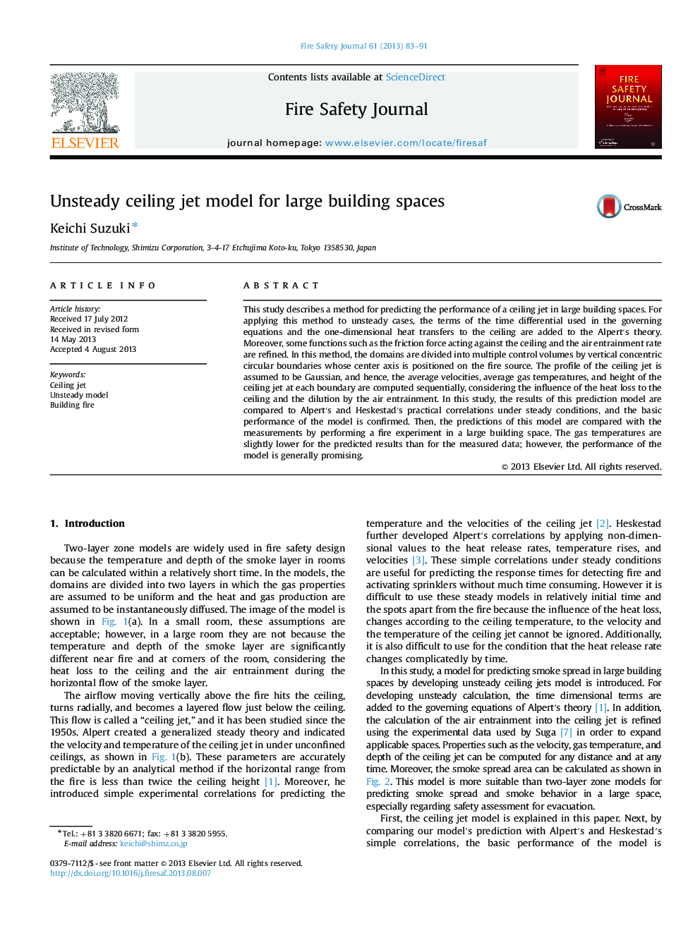 Unsteady ceiling jet model for large building spaces