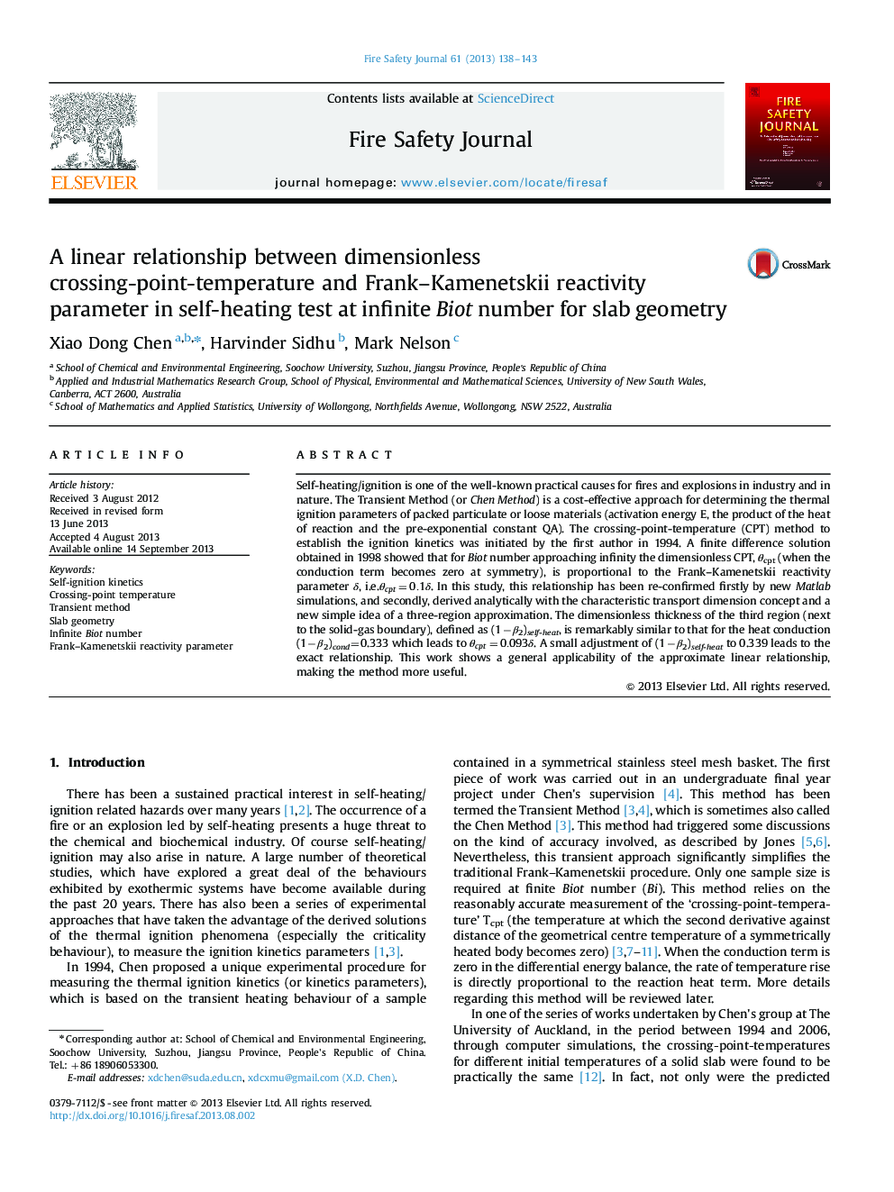 A linear relationship between dimensionless crossing-point-temperature and Frank-Kamenetskii reactivity parameter in self-heating test at infinite Biot number for slab geometry