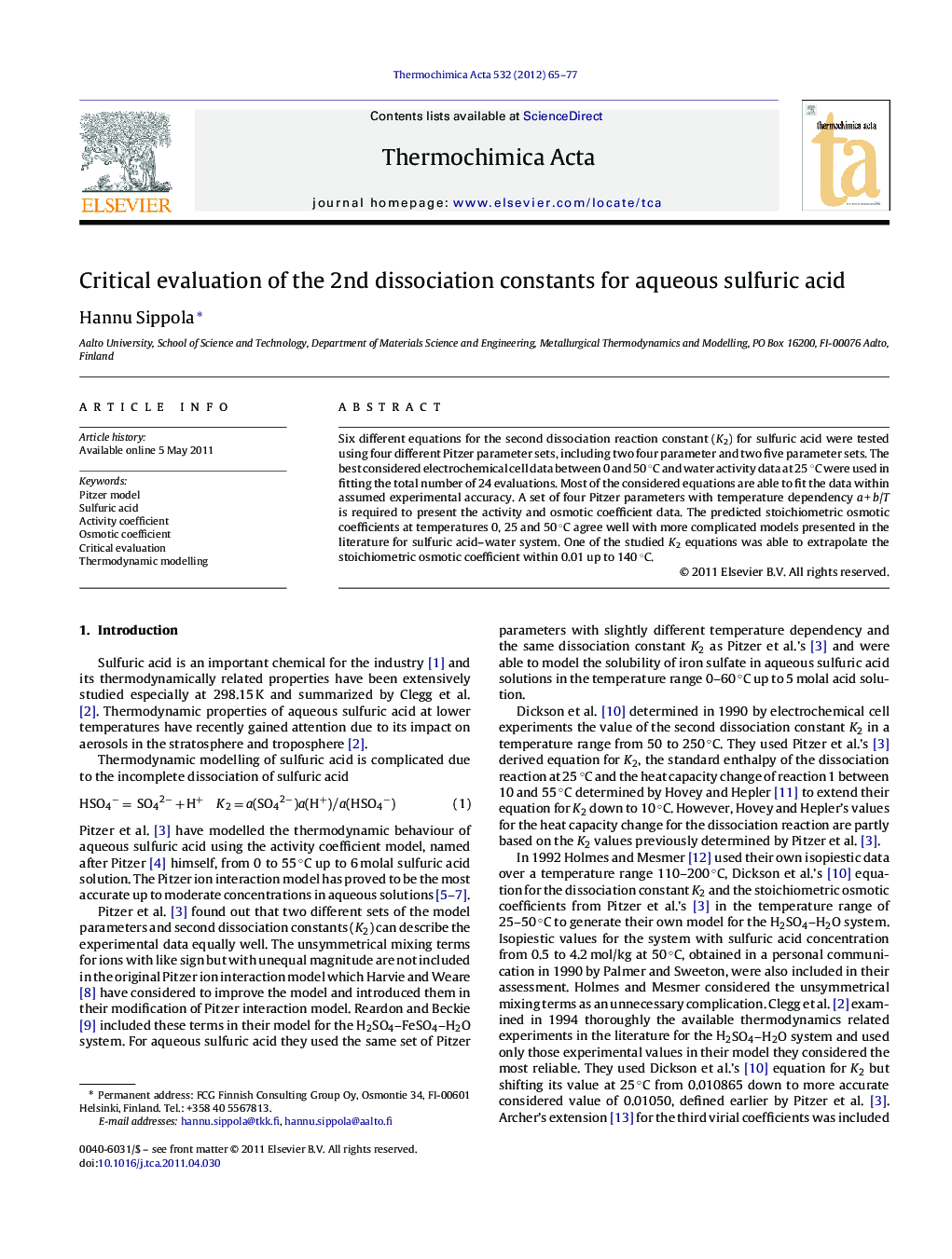 Critical evaluation of the 2nd dissociation constants for aqueous sulfuric acid