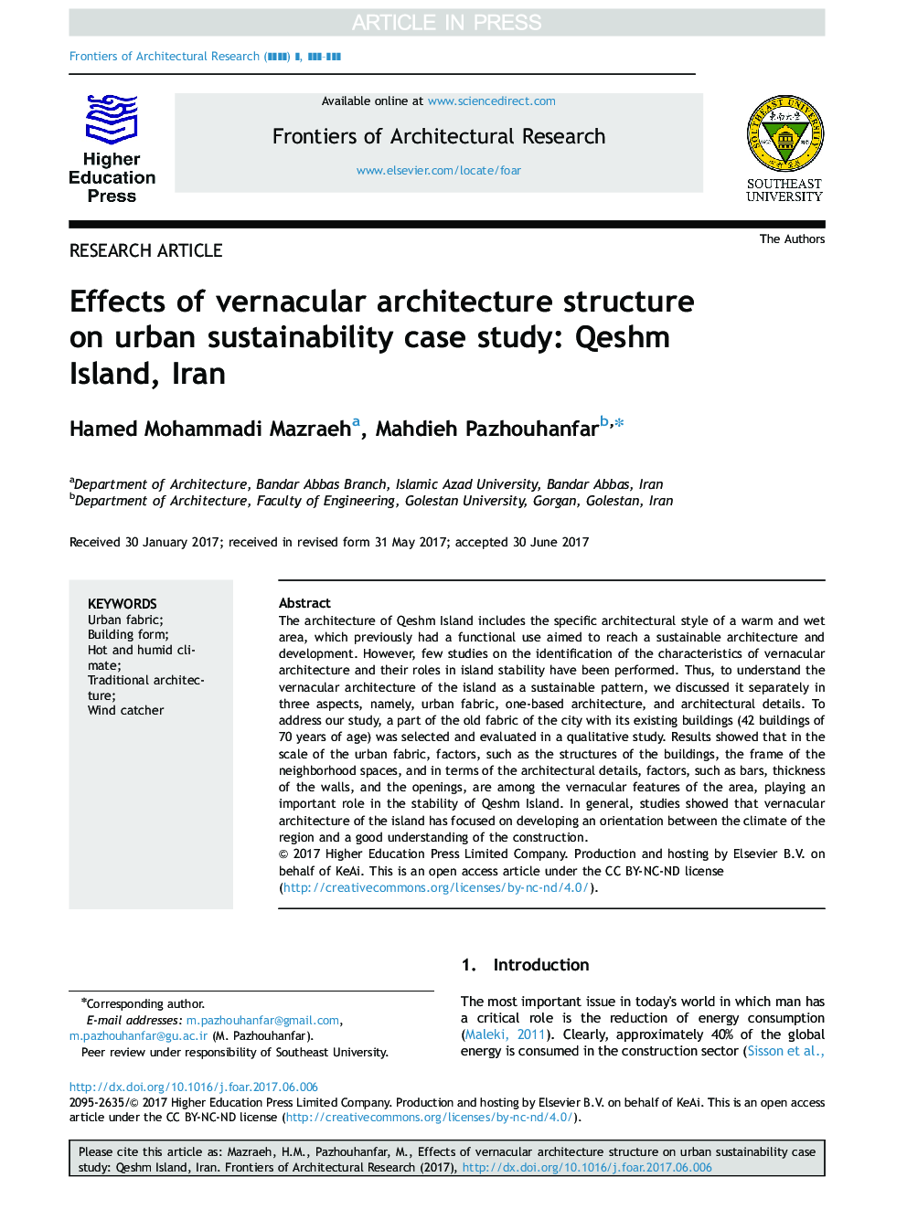 Effects of vernacular architecture structure on urban sustainability case study: Qeshm Island, Iran