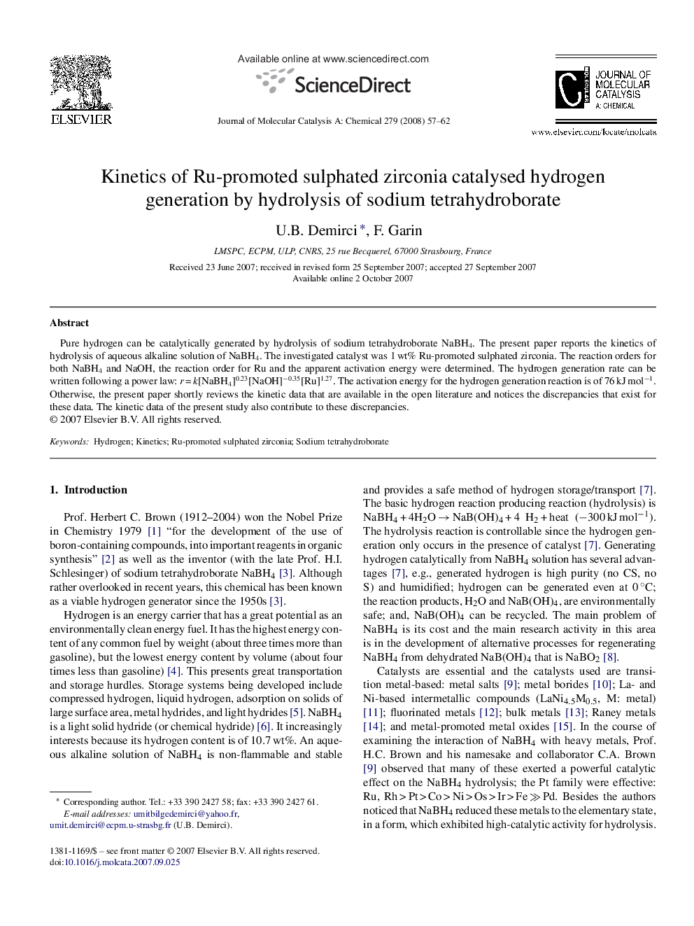 Kinetics of Ru-promoted sulphated zirconia catalysed hydrogen generation by hydrolysis of sodium tetrahydroborate