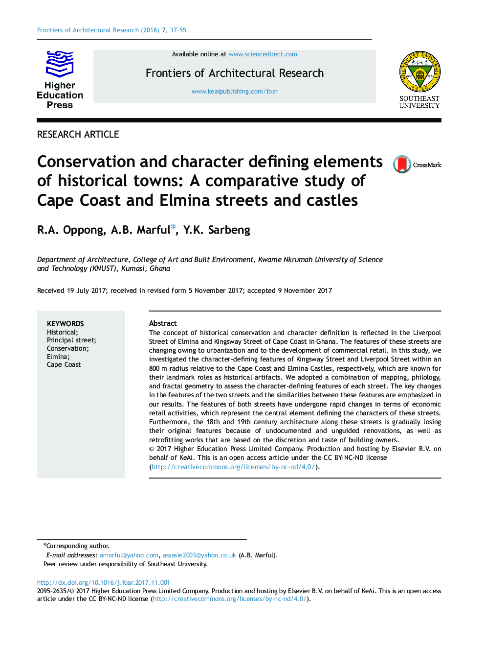 Conservation and character defining elements of historical towns: A comparative study of Cape Coast and Elmina streets and castles