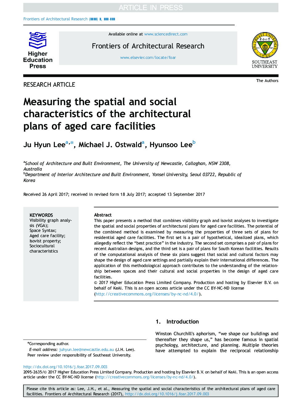 Measuring the spatial and social characteristics of the architectural plans of aged care facilities