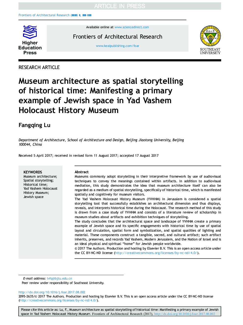 Museum architecture as spatial storytelling of historical time: Manifesting a primary example of Jewish space in Yad Vashem Holocaust History Museum