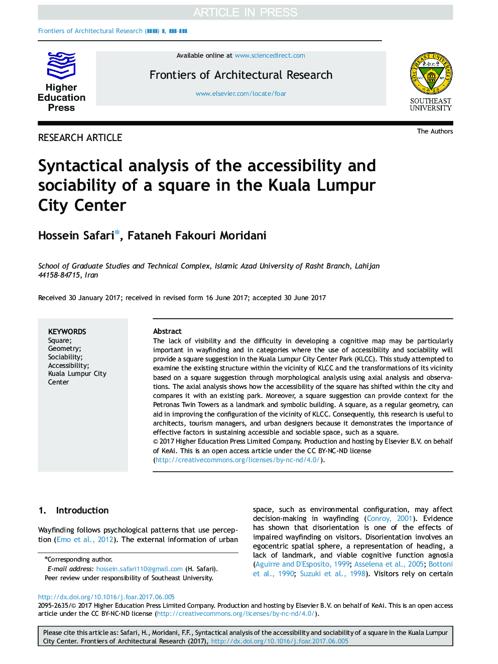 Syntactical analysis of the accessibility and sociability of a square in the Kuala Lumpur City Center