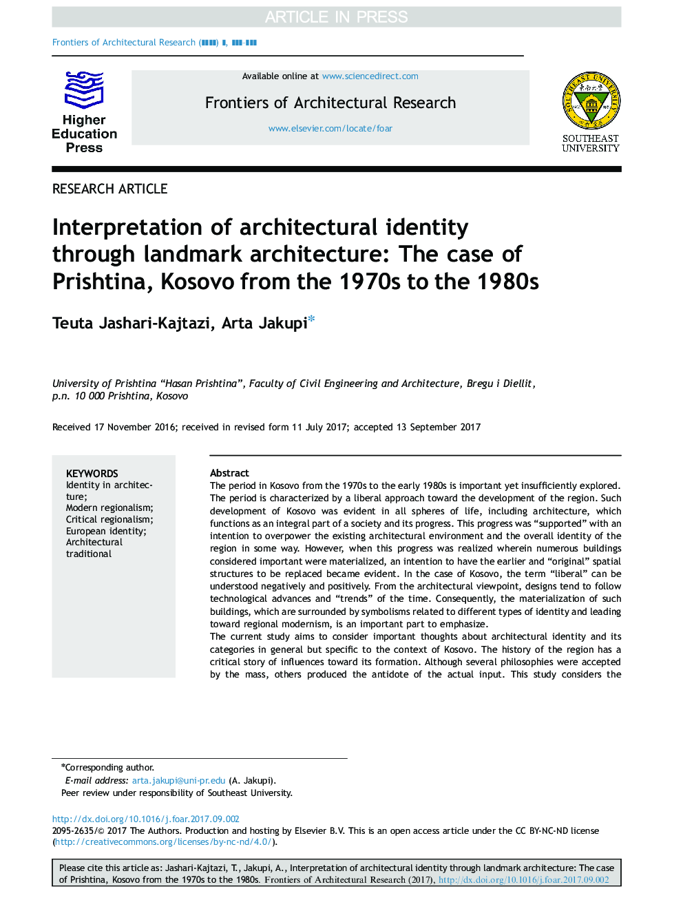 Interpretation of architectural identity through landmark architecture: The case of Prishtina, Kosovo from the 1970s to the 1980s