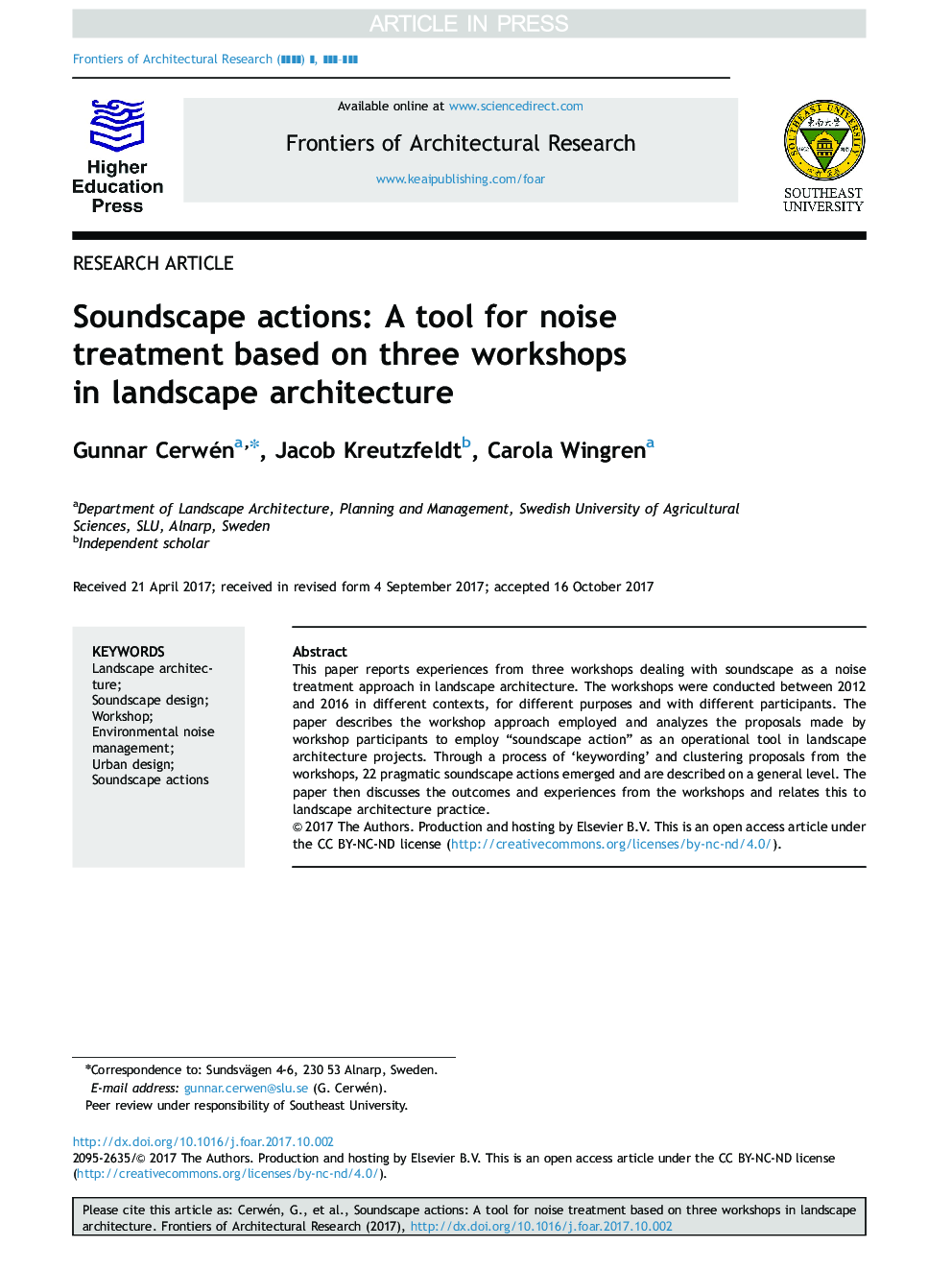 Soundscape actions: A tool for noise treatment based on three workshops in landscape architecture