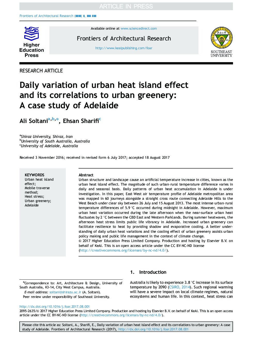 Daily variation of urban heat island effect and its correlations to urban greenery: A case study of Adelaide