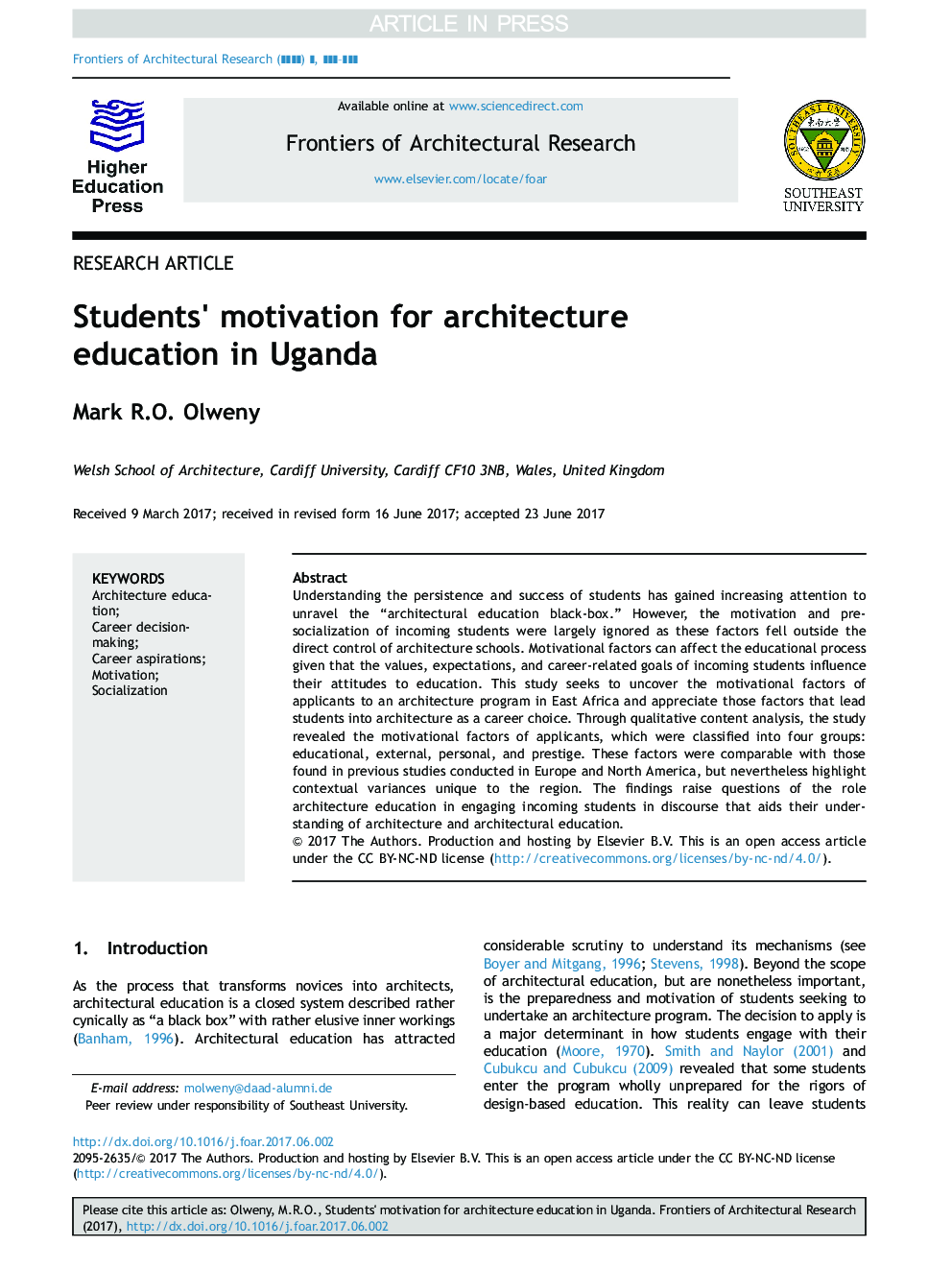 Students×³ motivation for architecture education in Uganda