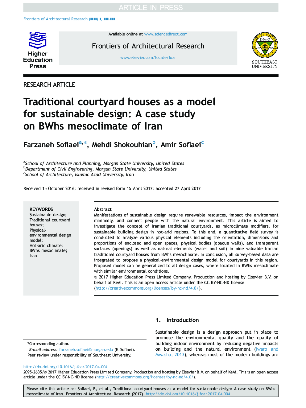 Traditional courtyard houses as a model for sustainable design: A case study on BWhs mesoclimate of Iran