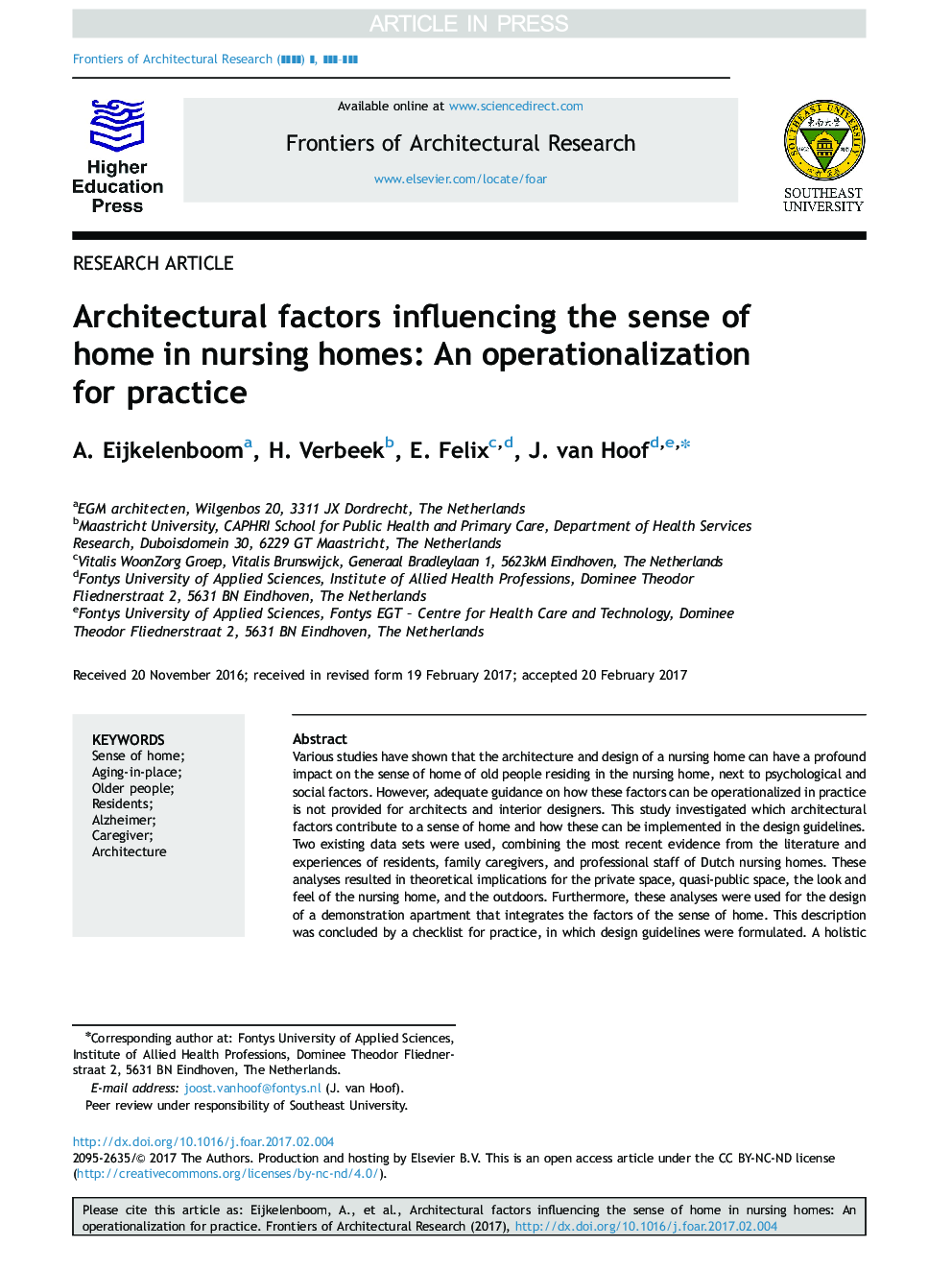 Architectural factors influencing the sense of home in nursing homes: An operationalization for practice