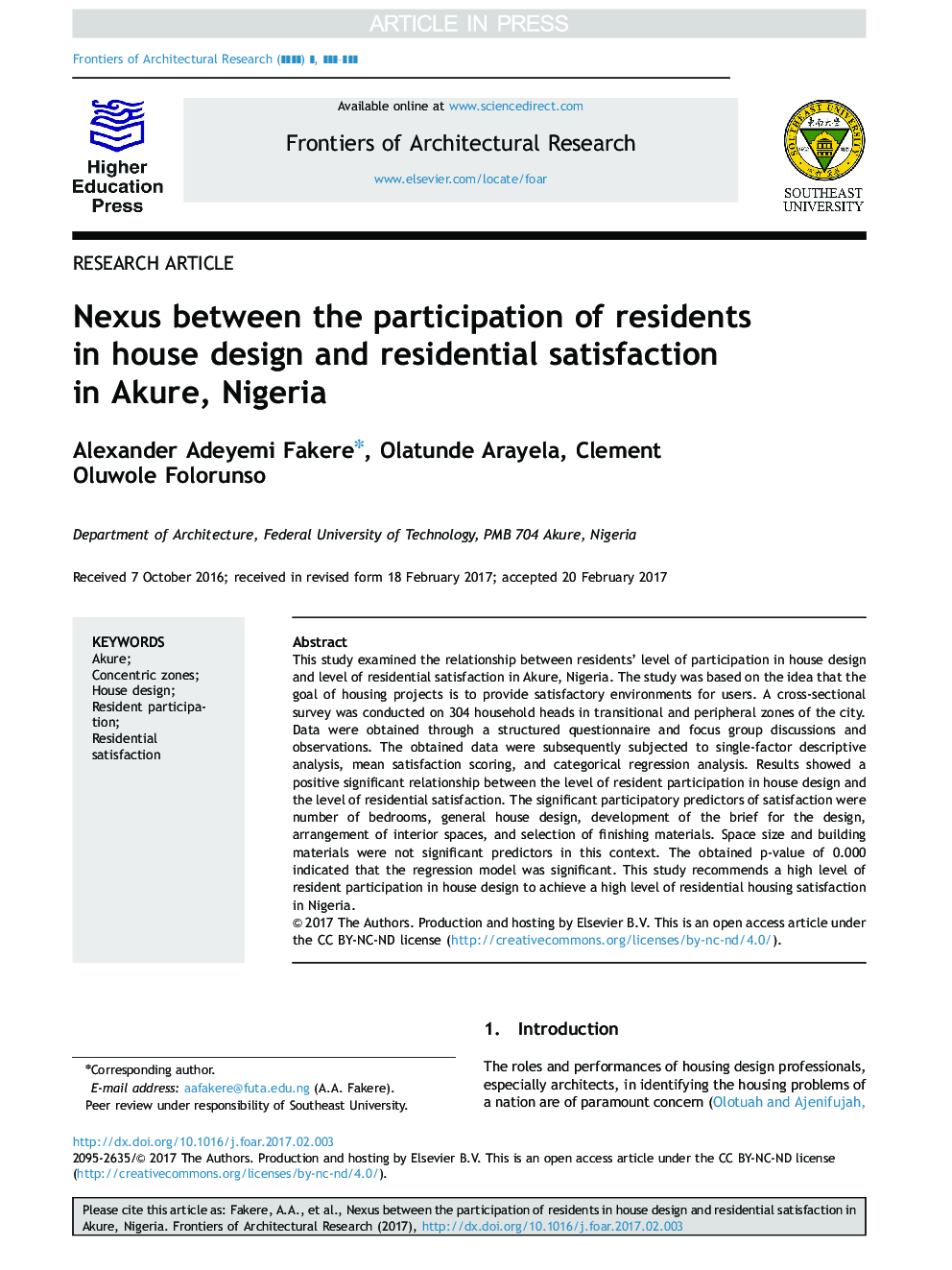 Nexus between the participation of residents in house design and residential satisfaction in Akure, Nigeria