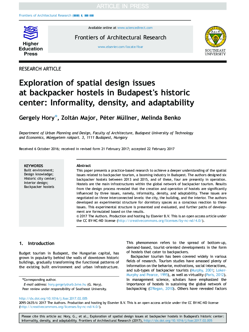 Exploration of spatial design issues at backpacker hostels in Budapest×³s historic center: Informality, density, and adaptability