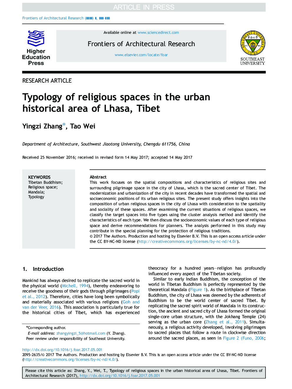 Typology of religious spaces in the urban historical area of Lhasa, Tibet