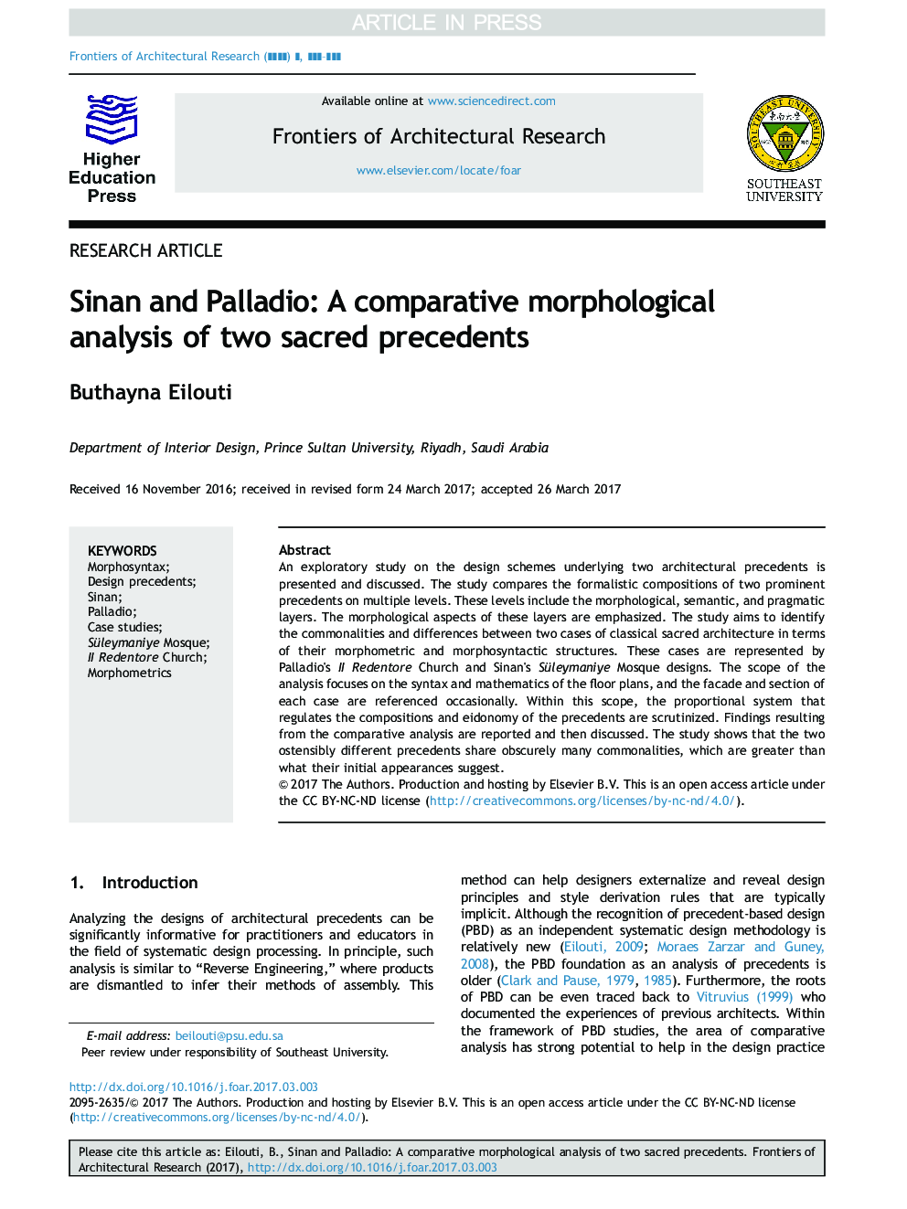 Sinan and Palladio: A comparative morphological analysis of two sacred precedents